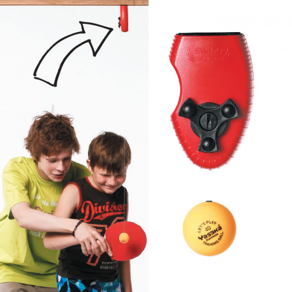 Schwungtrainer: Die aufrollbare Spezialschnur mit Tischtennisball kann am Plafond befestigt werden.